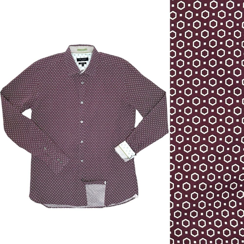 TED BAKER Modern Fit Button Up Shirt Wrinkle Resistant Work Night Out Red 15.5